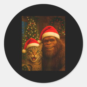 Sticker Rond Mignon Chat Selfie Avec Bigfoot Noël Sasquatch