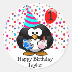Sticker Rond Mignon Enfant 1er Joyeux Anniversaire Manchot