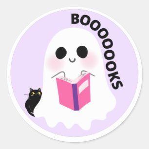 Sticker Rond Mignon girly éffrayant fantôme noir chat lire livr