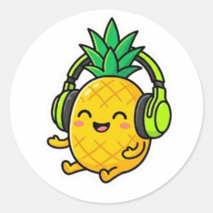 Sticker Rond Mignon Kawaii Ananas Portant des Écouteurs SuStick