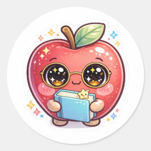 Sticker Rond Mignon Kawaii Apple Intelligent avec des Lunettes