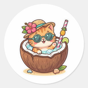 Sticker Rond Mignon Kawaii Chat Cocotier Lunettes Été BSticker