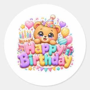 Sticker Rond Mignon Kawaii Joyeux Anniversaire Ours en Peluche 