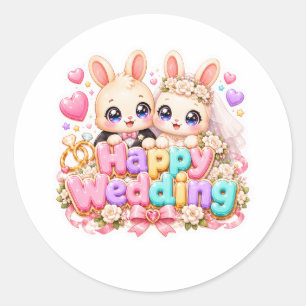 Sticker Rond Mignon Kawaii Joyeux Mariage Lapin Couple Pastel R