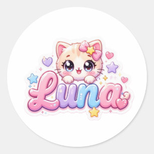 Sticker Rond Mignon Kawaii Luna Nom de Chat Pastel Rose Étincel