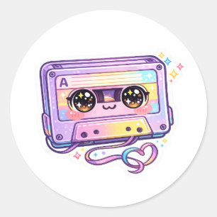 Sticker Rond Mignon Kawaii Rétro Cassette Bande Passé Violet Mu