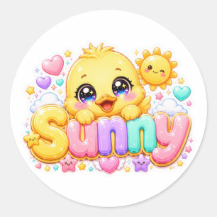 Sticker Rond Mignon Kawaii Sunny Chick Nom Pastel Rose Pailleté