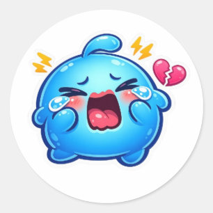 Sticker Rond Mignon Kawaii Triste Slime Bleu qui pleure avec un