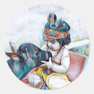 Sticker Rond mignon lord krishna à la vache