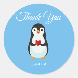 Sticker Rond Mignon manchot avec cœur sur Merci turquoise