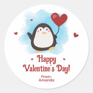 Sticker Rond Mignon Manchot Saint-Valentin Personnalisé