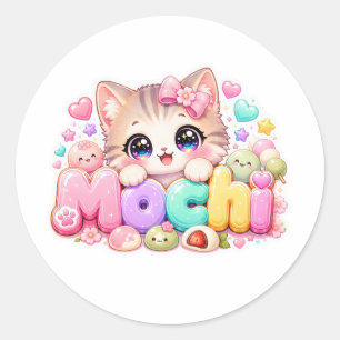 Sticker Rond Mignon Mochi Chat Nom Pastel Rose Étincelant K