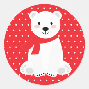 Sticker Rond Mignon ours polaire Baby Shower Rouge