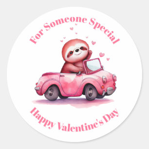 Sticker Rond Mignon paresseux dans une décapotable rose pour la