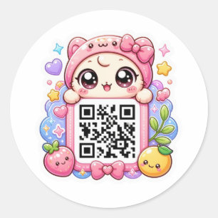 Sticker Rond Mignon personnage de code QR rose Kawaii Floral Pa