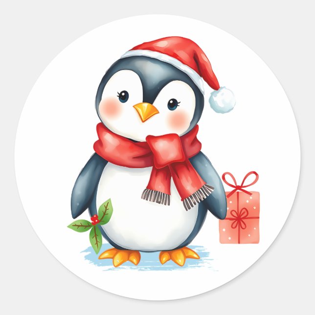 Sticker Rond Mignon pingouin festif de Noël (Devant)