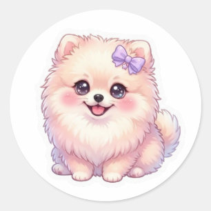 Sticker Rond Mignon Pomeranian Kawaii chiot Chien Nœud Violet P