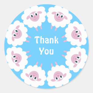 Sticker Rond Mignonette Carton Marron Mouton Bleu Merci personn