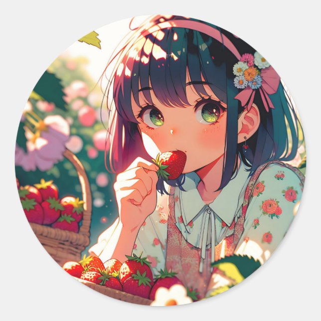 Sticker Rond Mignonne Anime Girl Mange des fraises | Jour d'été (Devant)