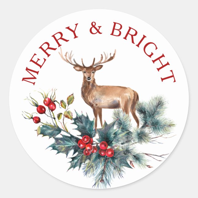 Sticker Rond Mignonne cerf et couronne de Noël (Devant)