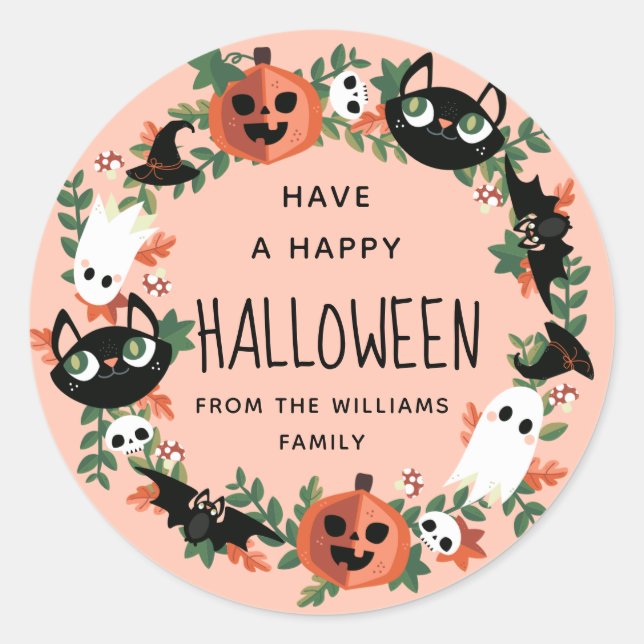 Sticker Rond Mignonne Éffrayante joyeuse couronne d'Halloween (Devant)