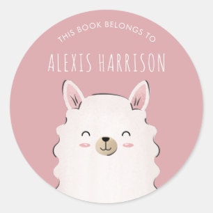 Sticker Rond Mignonne fille rose Heureuse Llama Nom de l'enfant