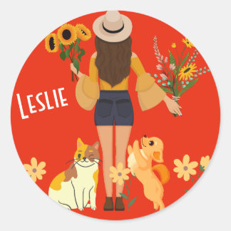 Sticker Rond Mignonne fille tenant des tournesols Chat & Chien