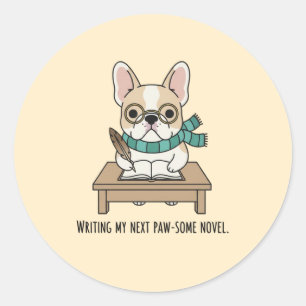 Sticker Rond Mignonne French Bulldog Lunettes Écrire Doodart