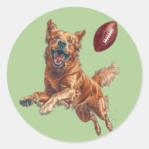 Sticker Rond Mignonne Golden Retriever Chien Jouant Au Football