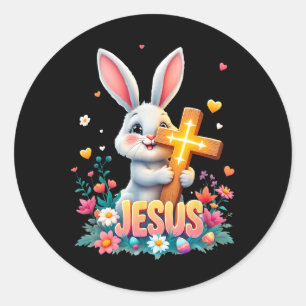 Sticker Rond Mignonne Lapin de Pâques Jésus foi Croix chrétienn