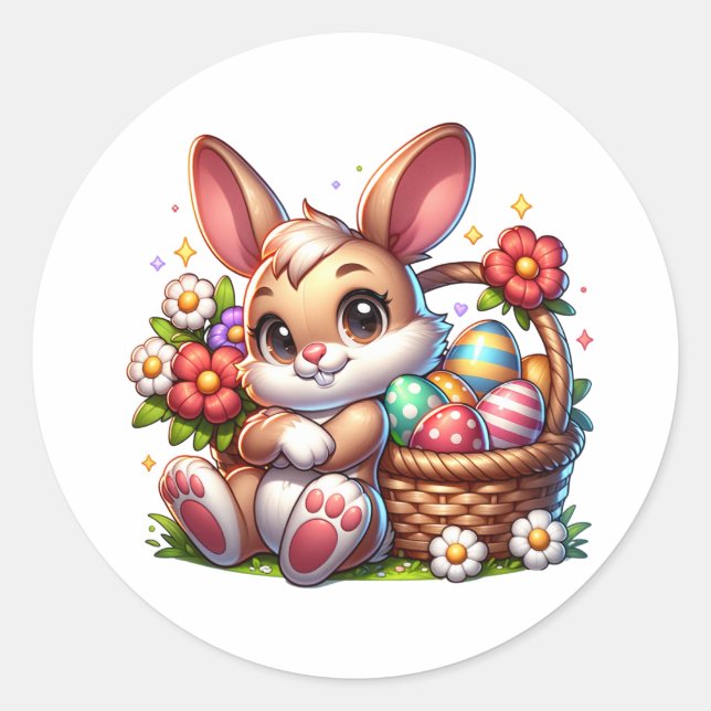 Sticker Rond Mignonne lapin de Pâques Whimsical avec panier (Devant)