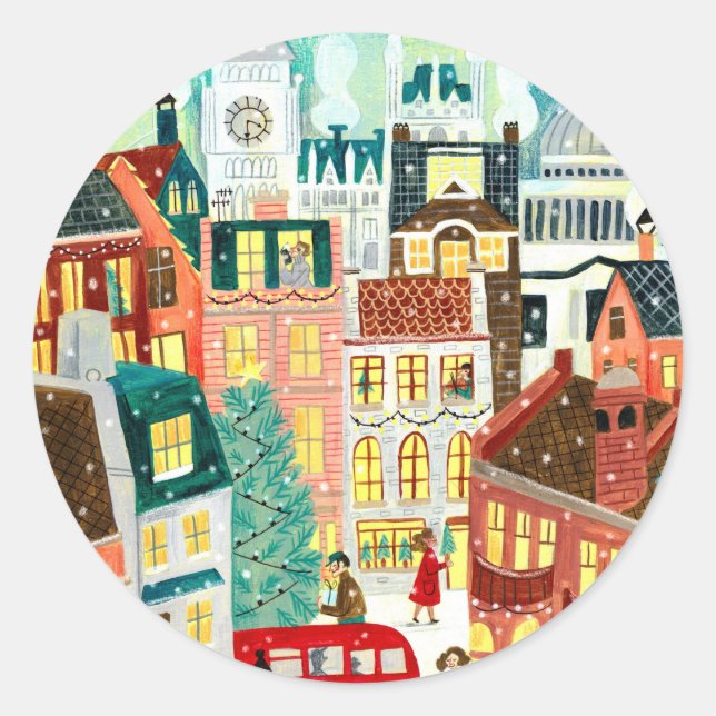 Sticker Rond Mignonne Londres City en Noël de neige (Devant)