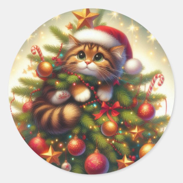 Sticker Rond Mignonne, malicieuse chatte dans le sapin de Noël (Devant)