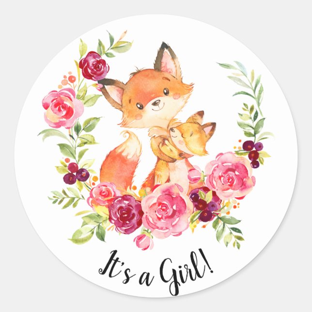 Sticker Rond Mignonne Maman & Baby Fox C'est une chatte Fille F (Devant)