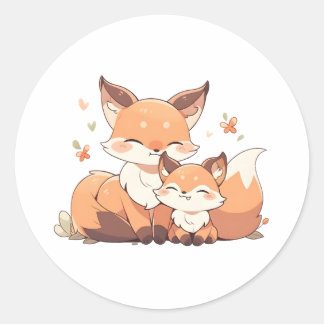 Sticker Rond Mignonne maman et bébé renard