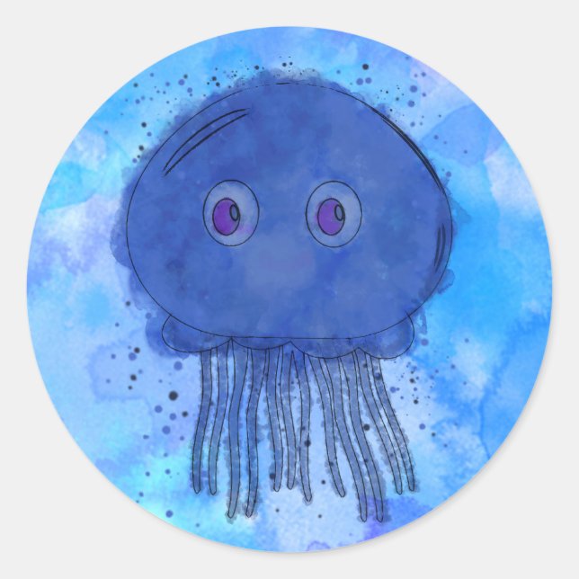 Sticker Rond Mignonne méduse Cartoon En Aquarelle Bleue Océan (Devant)