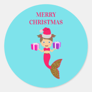 Sticker Rond Mignonne Noël Sirène fille Santa Chapeau en mer