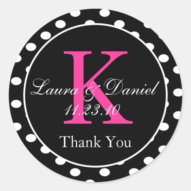 Sticker Rond Mignonne Noir Blanc Rose Polka Point Monogramme Fa (Devant)
