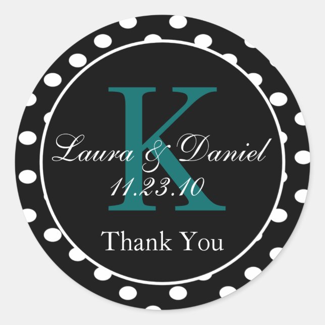Sticker Rond Mignonne Noir Blanc Turquoise Monogramme Mariage F (Devant)