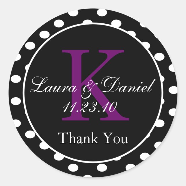 Sticker Rond Mignonne Noir Blanc Violet Pois Monogramme Favoris (Devant)