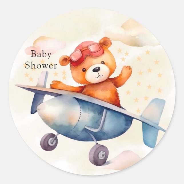 Sticker Rond Mignonne Ours Teddy Avec Son Avion Fête Anniversai (Devant)