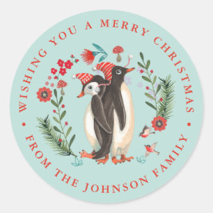Sticker Rond Mignonne Penguin Noël Nom de vacances bleu