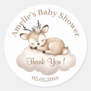 Sticker Rond Mignonne Petit Baby shower de cerf couché Merci