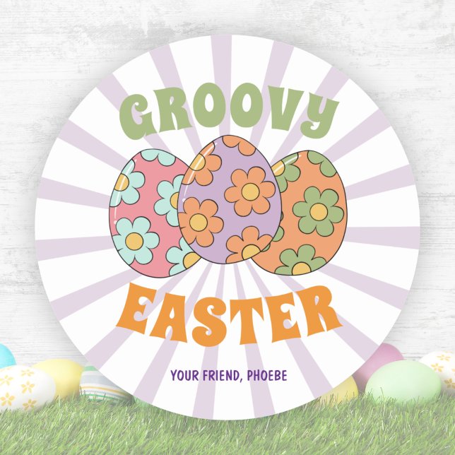 Sticker Rond Mignonne Purple Retro Super Pâques (Cute Purple Retro Groovy Easter Party Classic Round Sticker)