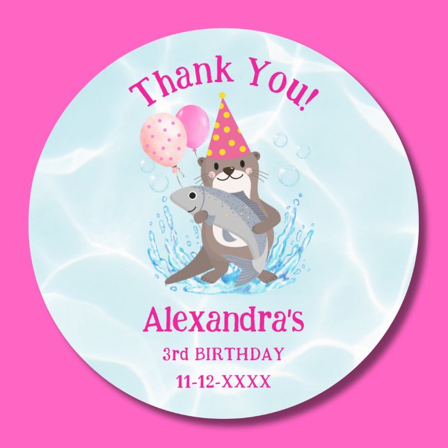 Sticker Rond Mignonne Rose fille mer Otter Anniversaire Merci d (Créateur téléchargé)
