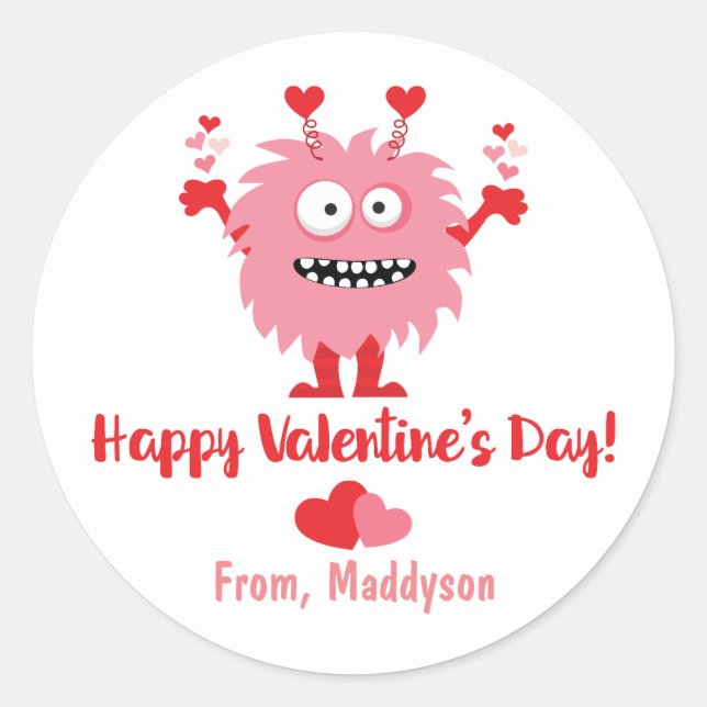 Sticker Rond Mignonne Saint Valentin Monstre rose et Coeurs (Devant)