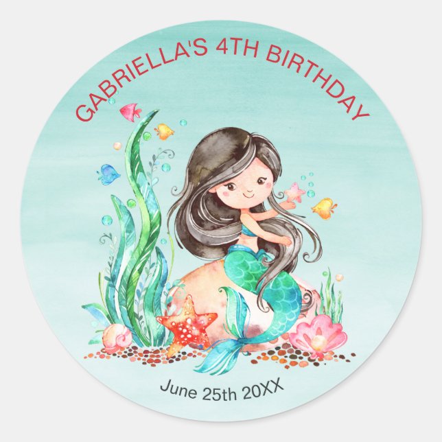 Sticker Rond Mignonne sirène d'aquarelle sous la mer Anniversai (Devant)