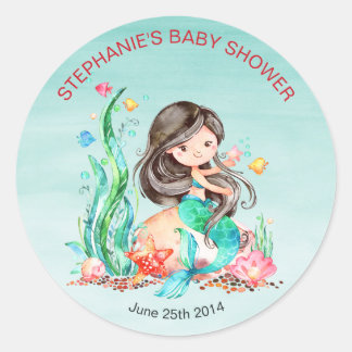 Sticker Rond Mignonne sirène d'aquarelle sous le Baby shower ma