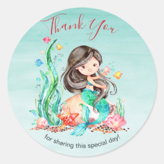 Sticker Rond Mignonne sirène d'aquarelle sous le Baby shower ma