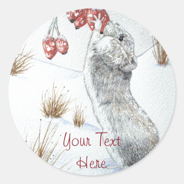 Sticker Rond Mignonne souris mangeant des baies la neige scène  (Devant)